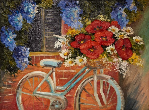 Oil painting - bike with a bouquet of flowers